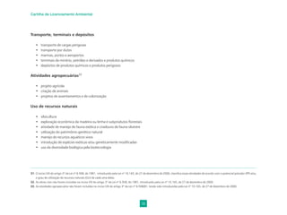 38
Cartilha de Licenciamento Ambiental
Transporte, terminais e depósitos
• transporte de cargas perigosas
• transporte por dutos
• marinas, portos e aeroportos
• terminais de minério, petróleo e derivados e produtos químicos
• depósitos de produtos químicos e produtos perigosos
Atividades agropecuárias33
• projeto agrícola
• criação de animais
• projetos de assentamentos e de colonização
Uso de recursos naturais
• silvicultura
• exploração econômica da madeira ou lenha e subprodutos ﬂorestais
• atividade de manejo de fauna exótica e criadouro de fauna silvestre
• utilização do patrimônio genético natural
• manejo de recursos aquáticos vivos
• introdução de espécies exóticas e/ou geneticamente modiﬁcadas
• uso da diversidade biológica pela biotecnologia
31. O inciso VIII do artigo 3º da Lei nº 6.938, de 1981, introduzido pela Lei nº 10.165, de 27 de dezembro de 2000, classifica essas atividades de acordo com o potencial poluidor (PP) e/ou
o grau de utilização de recursos naturais (GU) de cada uma delas.
32. As obras civis não foram incluídas no inciso VIII do artigo 3º da Lei nº 6.938, de 1981, introduzido pela Lei nº 10.165, de 27 de dezembro de 2000.
33. As atividades agropecuária não foram incluídas no inciso VIII do artigo 3º da Lei nº 6.938/81, tendo sido introduzidas pela Lei nº 10.165, de 27 de dezembro de 2000.
 