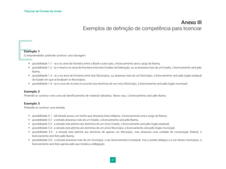 47
Tribunal de Contas da União
E
Anexo III
Exemplos de definição de competência para licenciar
Exemplo 1
O empreendedor pretende construir uma barragem:
• possibilidade 1.1 - se o rio serve de fronteira entre o Brasil e outro país, o licenciamento será a cargo do Ibama;
• possibilidade 1.2 - se o mesmo rio serve de fronteira entre dois Estados da Federação, ou se atravessa mais de um Estado, o licenciamento será pelo
Ibama;
• possibilidade 1.3 - se o rio serve de fronteira entre dois Municípios, ou atravessa mais de um Município, o licenciamento será pelo órgão estadual
do Estado em que se localizam os Municípios;
• possibilidade 1.4 - se o curso do rio está circunscrito aos domínios de um único Município, o licenciamento será pelo órgão municipal.
Exemplo 2
Pretende-se construir uma usina de beneﬁciamento de material radioativo. Nesse caso, o licenciamento será pelo Ibama.
Exemplo 3
Pretende-se construir uma estrada:
• possibilidade 3.1 - tal estrada possui um trecho que atravessa área indígena, o licenciamento será a cargo do Ibama;
• possibilidade 3.2 - a estrada atravessa mais de um Estado, o licenciamento será pelo Ibama;
• possibilidade 3.3 - a estrada está adstrita aos domínios de um único Estado, o licenciamento será pelo órgão estadual;
• possibilidade 3.4 - a estrada está adstrita aos domínios de um único Município, o licenciamento será pelo órgão municipal;
• possibilidade 3.5 - a estrada está adstrita aos domínios de apenas um Município, mas atravessa uma unidade de conservação federal, o
licenciamento será feito pelo Ibama;
• possibilidade 3.6 - a estrada atravessa mais de um município, o seu licenciamento é estadual, mas o estado delegou-o a um desses municípios, o
licenciamento será feito apenas pelo que recebeu a delegação.
 
