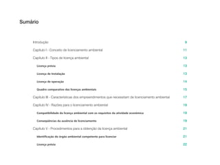Sumário
Introdução
Capítulo I - Conceito de licenciamento ambiental
Capítulo II - Tipos de licença ambiental
Licença prévia
Licença de Instalação
Licença de operação
Quadro comparativo das licenças ambientais
Capítulo III - Características dos empreendimentos que necessitam de licenciamento ambiental
Capítulo IV - Razões para o licenciamento ambiental
Compatibilidade da licença ambiental com os requisitos da atividade econômica
Conseqüências da ausência de licenciamento
Capítulo V - Procedimentos para a obtenção da licença ambiental
Identiﬁcação do órgão ambiental competente para licenciar
Licença prévia
9
11
13
13
13
14
15
17
19
19
19
21
21
22
 