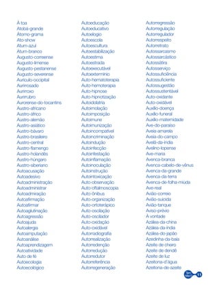 11
À toa
Atobá-grande
Átomo-grama
Ato-show
Atum-azul
Atum-branco
Augusto-correense
Augusto-limense
Augusto-pestanense
Augusto-severense
Aurículo-occipital
Aurirrosado
Aurirroxo
Aurirrubro
Aurorense-do-tocantins
Austro-africano
Austro-áfrico
Austro-alemão
Austro-asiático
Austro-bávaro
Austro-brasileiro
Austro-central
Austro-flamengo
Austro-holandês
Austro-húngaro
Austro-siberiano
Autoacusação
Autoadesivo
Autoadministração
Autoadministrar
Autoadmiração
Autoafirmação
Autoafirmar
Autoaglutinação
Autoagressão
Autoajuda
Autoalergia
Autoamputação
Autoanálise
Autoaprendizagem
Autoatividade
Auto de fé
Autoecologia
Autoecológico
Autoeducação
Autoeducativo
Autoelogio
Autoescola
Autoescultura
Autoestabilização
Autoestima
Autoestrada
Autoexecutável
Autoextermínio
Auto-hematoterapia
Auto-hemoterapia
Auto-hipnose
Auto-hipnotização
Autoidolatria
Autoimolação
Autoimposição
Autoimune
Autoimunização
Autoincompatível
Autoincriminação
Autoindução
Autoinfecção
Autoinfestação
Autoinflamação
Autoinoculação
Autoinstrução
Autointoxicação
Auto-observação
Auto-oftalmoscopia
Auto-ônibus
Auto-organização
Auto-ortoterápico
Auto-oscilação
Auto-oscilador
Auto-oxidação
Auto-oxidável
Autorradiografia
Autorrealização
Autorredenção
Autorredução
Autorredutor
Autorreferência
Autorregeneração
Autorregressão
Autorregulação
Autorregulador
Autorrespeito
Autorretrato
Autossarcasmo
Autossarcástico
Autossátira
Autosserviço
Autossuficiência
Autossuficiente
Autossugestão
Autossustentável
Auto-oxidante
Auto-oxidável
Auxílio-doença
Auxílio-funeral
Auxílio-maternidade
Ave-do-paraíso
Aveia-amarela
Aveia-do-campo
Avelã-da-índia
Avelino-lopense
Ave-maria
Avenca-branca
Avenca-cabelo-de-vênus
Avenca-da-grande
Avenca-da-terra
Avenca-de-folha-miúda
Ave-real
Avião-correio
Avião-suicida
Avião-tanque
Aviso-prévio
À vontade
Azálea-da-china
Azálea-da-índia
Azálea-do-japão
Azedinha-da-baía
Azeite de cheiro
Azeite de dendê
Azeite de luz
Azeitona-d’água
Azeitona-de-azeite
 