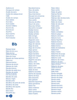 12
Azeitona-rei
Azougue-do-campo
Azulão-da-serra
Azulão-de-cabeça-encar-
nada
Azulão-do-campo
Azul-celeste
Azul-claro
Azul-cobalto
Azul de metileno
Azul do céu
Azul-escuro
Azul-fino
Azul-marinho
Azul-piscina
Azul-turquesa
Bb
Baango-lango
Baba de boi (seiva)
Baba-de-boi
(espécie de palmeira)
Baba de moça
Babado-de-nossa-senhora
Baba-ovo
Babosa-branca
Babosa-de-árvore
Babosa-do-mato
Bacaba-branca
Bacaba de azeite (fibra)
Bacaba-de-azeite
(espécie de palmeira;
fruto dessa palmeira)
Bacaba-do-pará
Bacacu-negro
Bacalar-preto
Bacalhau de porta de venda
Bacalhau-de-praia
Bacalhau-dos-açores
Bacelo-liso
Baco-baco
Bacubixá-açu
Bacubixá-branca
Bacu-de-pedra
Bacumixá-açu
Bacumixá-branca
Bacupari-do-amazonas
Bacupari-grande
Bacu-pedra
Bacurau-da-telha
Bacuri-de-cerca
Bacurubu-ficheira
Bacuzinho-roncador
Badejo-branco
Badejo-de-lista
Badejo-pintado
Bafo de tigre
Bafo de vento
Bagaceiro-seco
Bagaceiro-verde
Baga-de-caboclo
Baga-de-praia
Bago-de-chumbo
Bago-grosso
Bagre-africano
Bagre-bandeira
Bagre-de-mangue
Bagre-do-mar
Bagrinho-da-serra
Baiacu-areia
Baiacu-de-chifre
Baiacumirim
Baiacu-sem-chifre
Baião de dois
Bailarino-escarlate
Bainha-de-espada
Bainha-de-faca
Baio-alvacento
Baio-gateado
Baioneta-espanhola
Baixa-grandense
Baixa-mar
Baixa-verdense
Baixo-astral
Baixo-guanduense
Baixo-império
Baixo-relevo
Baixo-ventre
Balaio de gatos
Balança-flandre
Balança-rabo
Balança-rabo-de-bico-torto
Balanço-d’água
Balão de ensaio
Balão-de-são-josé
Balão-piloto
Balão-sonda
Balas-reais
Balata-verdadeira
Balcano-grego
Balcano-otomano
Balcano-turco
Balcão-frigorífico
Baleeira-branca
Baleia-assassina
Baleia-branca
Baleia-de-barbatana
Baleiamirim
Baliza-mestra
Balsamina-de-purga
Balsamina-do-mato
Bálsamo-coral
Bálsamo-de-cheiro
Bálsamo do peru
(líquido resinado extraído do
bálsamo-do-peru)
Bálsamo-do-peru
(espécie de árvore)
Balto-eslávico
Balto-finês
Bambu-bengala
Bambu-da-china
Bambu-do-brejo
Bambu-preto
Bambu-verde
Banana-anã
Banana-da-terra
Banana-do-brejo
Banana-maçã
Banana-nanica
Banana-prata
 