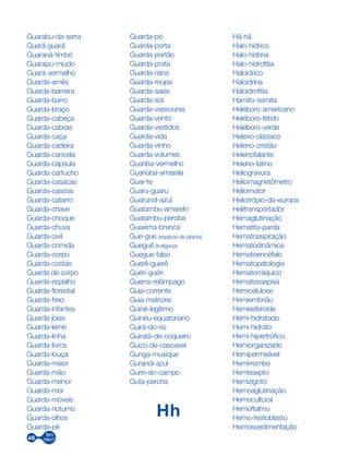 46
Guarabu-da-serra
Guarã-guarã
Guaraná-timbó
Guarapu-miúdo
Guará-vermelho
Guarda-arnês
Guarda-barreira
Guarda-barro
Guarda-braço
Guarda-cabeça
Guarda-cabras
Guarda-caça
Guarda-cadeira
Guarda-cancela
Guarda-cápsula
Guarda-cartucho
Guarda-casacas
Guarda-cascos
Guarda-catarro
Guarda-chave
Guarda-choque
Guarda-chuva
Guarda-civil
Guarda-comida
Guarda-corpo
Guarda-costas
Guarda de corpo
Guarda-espelho
Guarda-florestal
Guarda-freio
Guarda-infantes
Guarda-joias
Guarda-leme
Guarda-linha
Guarda-livros
Guarda-louça
Guarda-maior
Guarda-mão
Guarda-menor
Guarda-mor
Guarda-móveis
Guarda-noturno
Guarda-olhos
Guarda-pé
Guarda-pó
Guarda-porta
Guarda-portão
Guarda-prata
Guarda-raios
Guarda-roupa
Guarda-saias
Guarda-sol
Guarda-vassouras
Guarda-vento
Guarda-vestidos
Guarda-vida
Guarda-vinho
Guarda-volumes
Guariba-vermelho
Guariúba-amarela
Guar-te
Guaru-guaru
Guarundi-azul
Guatambu-amarelo
Guatambu-peroba
Guaxima-branca
Gue-gue (espécie de planta)
Gueguê (indígena)
Guegue-falso
Guerê-guerê
Guéri-guéri
Guerra-relâmpago
Guia-corrente
Guia-matrizes
Guiné-legítimo
Guinéu-equatoriano
Guirá-do-rio
Guiratã-de-coqueiro
Guizo-de-cascavel
Gunga-muxique
Gurandi-azul
Guriri-do-campo
Guta-percha
Hh
Hã-hã
Halo-hídrico
Halo-hidrina
Halo-hidrofitia
Haloídrico
Haloidrina
Haloidrofitia
Hamito-semita
Heléboro-americano
Heléboro-fétido
Heléboro-verde
Heleno-clássico
Heleno-cristão
Helenofalante
Heleno-latino
Heliogravura
Heliomagnetômetro
Heliomotor
Heliotrópio-da-europa
Helitransportador
Hemaglutinação
Hematita-parda
Hematoaspiração
Hematodinâmica
Hematoencéfalo
Hematopatologia
Hematorráquico
Hematossepsia
Hemicelulose
Hemiembrião
Hemiesferoide
Hemi-hidratado
Hemi-hidrato
Hemi-hipertrófico
Hemiorganizado
Hemipermeável
Hemirrombo
Hemissepto
Hemizigoto
Hemoaglutinação
Hemocultural
Hemoftalmo
Hemo-histioblasto
Hemossedimentação
 