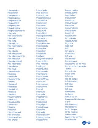 51
Interoceânico
Interoinferior
Interoposterior
Interossuperior
Interparlamentar
Interpartidário
Interplanetário
Interpolimerizar
Interprofissionalismo
Inter-racial
Inter-racionalismo
Inter-radial
Inter-rádio
Inter-regional
Inter-regionalismo
Inter-rei
Inter-relação
Inter-relacionado
Inter-relacionamento
Inter-relacionar
Inter-relacionável
Inter-relatividade
Inter-relativo
Inter-renal
Inter-resistente
Interósseo
Intersecular
Intersegmental
Intersexo
Intersexual
Intersideral
Intersindical
Intersocial
Interstelar
Interuniversitário
Interurbano
Intervalometria
Intervenoso
Interzona
Interzonal
Intra-abdominal
Intra-amniótico
Intra-aracnóideo
Intra-arterial
Intra-articular
Intra-atômico
Intra-auricular
Intracartilaginoso
Intracerebral
Intracervical
Intraclasse
Intracraniano
Intracultural
Intracutâneo
Intradepartamental
Intradérmico
Intradilatado
Intraepidérmico
Intraescapular
Intraespinal
Intraestelar
Intraestratal
Intrafacial
Intragovernamental
Intra-hepático
Intra-histórico
Intralingual
Intralinguístico
Intramamário
Intramarginal
Intramolecular
Intramorfênico
Intramuros
Intramuscular
Intranacional
Intranet
Intraneural
Intraocular
Intraorgânico
Intraósseo
Intrapessoal
Intrapsíquico
Intrapulmonar
Intrarracial
Intrarradial
Intrarraquidiano
Intrassegmentar
Intrasseminal
Intrassomático
Intrassubjetivo
Intrauterino
Intrautricular
Intravenoso
Intraventricular
Intraverbal
Intravertebrado
Intravertebral
Intrazonal
Iodobenzeno
Iodocalcário
Iodossulfúrico
Iogacara
Ioga-real
Ioiô
Íon-grama
Iônico-ático
Ipê-açu
Ipê-amarelo
Ipeca-branca
Ipecaconha-de-flor-roxa
Ipecacuanha-branca-da-
-bahia
Ipeca-do-rio
Ipeca-preta
Ipê-claro
Ipê-do-campo
Ipê-do-cerrado
Ipê-falso
Ipê-mirim
Ipê-roxo
Iranofalante
Irá-tapuia
Iratauá-do-sul
Iraúna-do-bico-branco
Ir e vir
Iriribá-amarelo
Irlandofalante
Irmão da opa
Irmão-morávio
Iruçu-mineiro
Isabel-entre-sonhos
Isca-de-sola
 