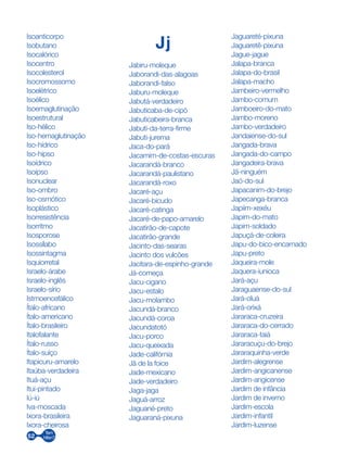 52
Isoanticorpo
Isobutano
Isocalórico
Isocentro
Isocolesterol
Isocromossomo
Isoelétrico
Isoélico
Isoemaglutinação
Isoestrutural
Iso-hélico
Iso-hemaglutinação
Iso-hídrico
Iso-hipso
Isoídrico
Isoípso
Isonuclear
Iso-ombro
Iso-osmótico
Isoplástico
Isorresistência
Isorritmo
Isosporose
Isossílabo
Isossintagma
Isquiorretal
Israelo-árabe
Israelo-inglês
Israelo-sírio
Istmoencefálico
Ítalo-africano
Ítalo-americano
Ítalo-brasileiro
Italofalante
Ítalo-russo
Ítalo-suíço
Itapicuru-amarelo
Itaúba-verdadeira
Ituá-açu
Ituí-pintado
Iú-iú
Iva-moscada
Ixora-brasileira
Ixora-cheirosa
Jj
Jabiru-moleque
Jaborandi-das-alagoas
Jaborandi-falso
Jaburu-moleque
Jabutá-verdadeiro
Jabuticaba-de-cipó
Jabuticabeira-branca
Jabuti-da-terra-firme
Jabuti-jurema
Jaca-do-pará
Jacamim-de-costas-escuras
Jacarandá-branco
Jacarandá-paulistano
Jacarandá-roxo
Jacaré-açu
Jacaré-bicudo
Jacaré-catinga
Jacaré-de-papo-amarelo
Jacatirão-de-capote
Jacatirão-grande
Jacinto-das-searas
Jacinto dos vulcões
Jacitara-de-espinho-grande
Já-começa
Jacu-cigano
Jacu-estalo
Jacu-molambo
Jacundá-branco
Jacundá-coroa
Jacundatotó
Jacu-porco
Jacu-queixada
Jade-califórnia
Jã de la foice
Jade-mexicano
Jade-verdadeiro
Jaga-jaga
Jaguá-arroz
Jaguané-preto
Jaguaraná-pixuna
Jaguareté-pixuna
Jaguaretê-pixuna
Jague-jague
Jalapa-branca
Jalapa-do-brasil
Jalapa-macho
Jambeiro-vermelho
Jambo-comum
Jamboeiro-do-mato
Jambo-moreno
Jambo-verdadeiro
Jandaiense-do-sul
Jangada-brava
Jangada-do-campo
Jangadeira-brava
Jã-ninguém
Jaó-do-sul
Japacanim-do-brejo
Japecanga-branca
Japiim-xexéu
Japim-do-mato
Japim-soldado
Japuçá-de-coleira
Japu-do-bico-encarnado
Japu-preto
Jaqueira-mole
Jaquera-iunioca
Jará-açu
Jaraguaense-do-sul
Jará-oluá
Jará-orixá
Jararaca-cruzeira
Jararaca-do-cerrado
Jararaca-taiá
Jararacuçu-do-brejo
Jararaquinha-verde
Jardim-alegrense
Jardim-angicanense
Jardim-angicense
Jardim de infância
Jardim de inverno
Jardim-escola
Jardim-infantil
Jardim-luzense
 
