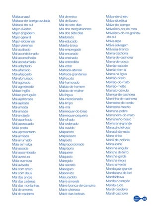 59
Maitaca-azul
Maitaca-de-barriga-azulada
Maitaca-do-sul
Major-aviador
Major-brigadeiro
Major-general
Major-isidorense
Major-vieirense
Mal-acabado
Mal-acondicionado
Mal-aconselhado
Mal-acostumado
Mal-adaptado
Mal-afamado
Mal-afeiçoado
Mal-afortunado
Mal-agoirado
Mal-agradecido
Malaio-inglês
Malaio-português
Mal-ajambrado
Mal-ajeitado
Mal-amada
Mal-amado
Mal-andante
Mal-apanhado
Mal-apessoado
Mala-posta
Mal-apresentado
Mal-armado
Mal-arrumado
Mala sem alça
Mal-assada
Mal-assombrado
Mal-aventura
Mala-aventura
Mal-avisado
Mal com cristo
Mal com deus
Mal das ancas
Mal das cadeiras
Mal das montanhas
Mal de amores
Mal de cadeiras
Mal de enjoo
Mal de lázaro
Mal de sete dias
Mal dos mergulhadores
Mal dos sete dias
Maldotado
Mal-educado
Maleita-brava
Mal-empregado
Mal-encarado
Mal-ensinado
Mal-entendido
Mal-estar
Malhada-altense
Malhada-grandense
Malha-pão
Mal-humorado
Malícia-de-homem
Malícia-de-mulher
Má-língua
Mal-intencionado
Mal-limpo
Mal-mal
Malmequer-do-brejo
Malmequer-pequeno
Mal-olhado
Mal-ordenado
Mal-ouvido
Malparado
Malpassado
Malposto
Malproporcionado
Malpróprio
Malquerer
Malquisto
Malregido
Mal-secreto
Malseguro
Malservido
Malsucedido
Malva-amarela
Malva-branca-de-campina
Malva-cheirosa
Malva-das-boticas
Malva-de-cheiro
Malva-diurética
Malva-do-campo
Malvaísco-cor-de-rosa
Malvaísco-do-rio-grande-
-do-sul
Malva-rosa
Malva-selvagem
Malvasia-branca
Mama-cachorra
Mama-de-cachorra
Mama-de-porca
Mamãe-sacode
Mamãe vem aí
Mama na égua
Mamão-bravo
Mamão-do-mato
Mamão-melão
Mamato-cúmulo
Mamica-de-cachorra
Maminha-de-cachorra
Mamoeiro-de-corda
Mamoeiro-macho
Mamona-pobre
Mamoneira-do-mato
Mamoninho-bravo
Mamorana-grande
Manacá-cheiroso
Manacá-do-mato
Mana-chica
Maná-da-polônia
Mana-joana
Mancha-angular
Mancha de ferro
Mancha-gorda
Mancha-negra
Mancha-verde
Mandaçaia-grande
Mandacaru-de-boi
Mandachuva
Mandato-tampão
Manda-tudo
Mandi-bandeira
Mandi-cachorro
 