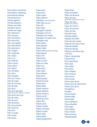 71
Pancreático-duodenal
Pancreático-esplênico
Pancreatoduodenal
Pancristianismo
Panda-gigante
Panda-pequeno
Panda-vermelho
Pandeiro de boi
Panela-de-bugio
Pan-eslavismo
Pan-europeu
Pan-harmônico
Pan-harmônio
Pan-iconografia
Pan-idiomórfico
Pan-islamismo
Pan-mágico
Pan-negritude
Pan-negro
Pano-cru
Pan-oftalmia
Pano-manta
Pano-piloto
Pan-óptico
Pan-ortodoxo
Pan-ótico
Pão-bengala
Pão com rosca
Pão de bugio
Pão de chumbo
Pão-de-leite
Pão de ló
Pão de ló de festa
(pessoa que tem paixão por festa)
Pão-de-ló-de-mico
Pão de milho
Pão de ouro
Pão-de-pobre
Pão-dos-pobres
Pão-durismo
Pão-duro
Pão-e-queijo
Pão-podre
Pão-posto
Papa-areia
Papa-arroz
Papa-capim
Papa-defunto
Papafigo (vela de traquete)
Papa-figo (pássaro)
Papa-fila
Papa-fogo
Papagaio-caboclo
Papagaio-comum
Papagaio-de-coleira
Papagaio-do-peito-roxo
Papagaio-real
Papa-gente
Papa-goiaba
Papa-hóstia
Papai-noel (presente de natal)
Papa-léguas
Papa-mel
Papamóvel
Papa-mundo
Papa na caixa
Papa-ovo
Papa-pinto
Papa-sebo
Papa-tabaco
Papa-terra
Papeá-guaçu
Papel-alumínio
Papel-arroz
Papel-bíblia
Papel-carbono
Papel-celofane
Papel-contínuo
Papel-cuchê
Papel da china
Papel-filtro
Papel-jornal
Papel-manilha
Papel-manteiga
Papel-moeda
Papel-ofício
Papel-palha
Papel-pergaminho
Papel-título
Papiro-brasileiro
Papo de almíscar
Papo de anjo
(doce feito com gema de ovo)
Papo-de-anjo
(espécie de arbusto)
Papo de mutum
Papo de pomba
Papo de rola
Papoila-longa
Papoila-pelada
Papoila-vermelha
Papoula-das-praias
Papoula-de-duas-cores
Papoula-pelada
Papoula-peluda
Papoula-vermelha-dos-
-campos
Papuo-neoguineia
Paraamboia
Para-apendicite
Para-axial
Para-balas
Para-brisa
Para-chispas
Para-choque
Para-chuva
Para-cinzas
Paracuuba-de-lei
Paracuuba-de-terra-firme
Paracuuba-doce
Paraelétrico
Paraélio
Paraemiedria
Paraemofilia
Paraestatal
Para-estilhaços
Para-estopilha
Para-fogo
Paramédico
Pará-mineiro
Pará-minense
Paraolimpíada
 