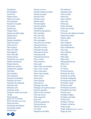 74
Pentaídrico
Pentassílabo
Pente-fino
Pepino-bravo
Pepino-do-mato
Pé-quebrado
Pequeno-burguês
Pé-quente
Pequiá-açu
Pequiá-cetim
Pequiá-de-folha-larga
Pequiá-doce
Pequiá-etê
Pequiá-verdadeiro
Pequi-do-pará
Pera-amorim
Pera-d’água
Pera-do-norte
Pera-gigante
Pera-marmelo
Perdiz-branca
Perdizinha-do-campo
Pereira-barretense
Pereira-branca
Pereira-do-campo
Pergaminho-vegetal
Peri-hélio
Peri-hepático
Peri-hexaedro
Periquito-australiano
Periquito-da-serra
Periquito-do-pantanal
Periquito-real
Periquito-tuim
Periquito-verde
Periquito-verde-de-cauda-
-longa
Perna de pau
(jogador de má qualidade)
Perna-de-pau (pernilongo)
Perna de serra
Pernilongo-doméstico
Pernilongo-rajado
Peroba-açu
Peroba-comum
Peroba-d’água-amarela
Peroba-do-pará
Peroba-mirim
Peroba-russa
Pérola-verde
Peroneodigital
Peroniocalcário
Peroniotibial
Peroximonossulfúrico
Peru de festa
Peru de roda
Peru-do-mato
Peru-selvagem
Peruzinho-do-campo
Pescada-branca
Pescada-corvina
Pescada-de-rede
Pescada-enchova
Pescada-preta
Pescadinha-branca
Pés no chão
Peso-atômico
Peso-galo
Peso mais que pesado
Peso meio mosca
Peso meio pena
Peso meio pesado
Peso-mosca
Peso-pena
Peso-pesado
Peso-pluma
Pêssego-da-índia
Pêssego-de-aparta-caroço
Petinha-aquática
Petinha-dos-campos
Peto-da-chuva
Peto-espanhol
Peto-real
Petrolina-goiasense
Petúnia-branca
Petúnia-da-terra
Ph-metro
Piabanha-vermelha
Pia-batismal
Piaçaba-brava
Piano-amplo
Piano-bar
Pião-madeira
Pião-roxo
Picão-açu
Picão-da-praia
Picão-do-campo
Pica-pau
Pica-pau-de-cabeça-amarela
Piçarra-de-pedra
Piçarra-sebo
Pico-pico
Pico-realense
Picossegundo
Pico-verdinhense
Picuí-açu
Picuí-caboclo
Pife-pafe
Pilha-pilha
Pilha-ratos
Pilorogastrectomia
Piloto-mor
Pi-mais
Pi-menos
Pimenta-branca
Pimenta-do-reino
Pimenta-do-sertão
Pimenta-malagueta
Pimentão-de-cheiro
Pimentão-maçã
Pimenta-verde
Pimenteira-da-terra
Pimpalhão-da-índia
Pincha-cisco
Pindaíba-d’água
Pindaíba-vermelha
Pindá-preto
Pindaré-miriense
Pindaré-mirinense
Pinga-pinga
Pingo-d’água (quartzo; topázio)
Pingo de mel
 
