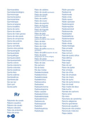 80
Quimioanalista
Quimiobacteriológico
Quimiocirurgia
Quimiorreceptivo
Quimiossíntese
Quimioterapia
Quina-amargosa
Quina-brasileira
Quina-da-serra
Quina-de-caiena
Quina-de-mato-grosso
Quina-de-são-paulo
Quina-do-amazonas
Quina-dos-pobres
Quina-nacional
Quina-vermelha
Quinino-dos-pobres
Quinqueangular
Quinquecelular
Quinquelíngue
Quinqueovulado
Quinquesseriado
Quinta-coluna
Quinta-colunismo
Quinta-colunista
Quinta-essência
Quinta-feira
Quinta-solense
Quintessência
Quintissecular
Qui-qui-qui
Quiri-quiri
Quota-parte
Rr
Rabanete-de-cavalo
Rábano-aquático
Rábano-de-cavalo
Rábano-silvestre
Rabo de andorinha
Rabo de arraia
Rabo de caldeira
Rabo de cavalo (penteado)
Rabo-de-cavalo
(espécie de planta)
Rabo de coelho
Rabo-de-couro
Rabo-de-espinho
Rabo de foguete
(situação complicada)
Rabo-de-foguete
(espécie de planta)
Rabo de gato
(sobremesa; café ruim)
Rabo-de-gato
(espécie de planta; fruta; cavalo)
Rabo de leão
Rabo de maré
Rabo-de-mola
Rabo de palha (mancha na
reputação)
Rabo-de-palha (espécie de ave)
Rabo de peixe
(designação de carros antigos)
Rabo-de-peixe
(espécie de planta ornamental)
Rabo de saia
Rã-cachorro
Rã-da-beira
Rã-das-moitas
Radielectricidade
Radielectrônico
Radieletricidade
Radieletrônico
Radioacústica
Radioaéreo
Radioastronomia
Radioautograma
Rádio-cassete
Radioelectrônico
Radioeletricidade
Radioeletrônico
Radioescuta
Radioespacial
Radiofoto
Radiofrequência
Radiofusão
Rádio-gravador
Radiojornal
Radionovela
Rádio-onda
Rádio-opaco
Rádio-operador
Radiorreceptor
Radiorrepórter
Radiossensível
Radiossonda
Radioteatral
Radiotelefonia
Radiotransístor
Radiouvinte
Rádio-vitrola
Radiumbiologia
Raia-amarela
Raia-bicuda
Raia-comum
Raia-de-quatro-olhos
Raia-elétrica
Raia-prego
Raia-sapo
Raio-do-sol
Raios-de-júpiter
Raiz-amarga
Raiz-da-china
Raiz-de-antuérpia
Raiz-de-cheiro
Raiz-de-quina
Raiz-de-quina-branca
Raiz-do-brasil
Raiz-madre-de-deus
Rala-bucho
Ramela-de-cachorro
Rame-rame
Rã-mirim
Rancheira de carreirinha
Rancho-alegrense
Rancho-grandense
Ranúnculo-aquático
Ranúnculo-dos-prados
Ranúnculo-mata-boi
Rapa-caldos
 