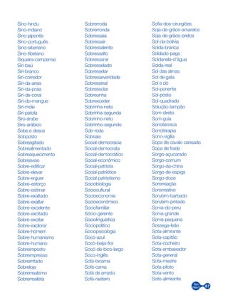 87
Sino-hindu
Sino-indiano
Sino-japonês
Sino-português
Sino-siberiano
Sino-tibetano
Siqueira-campense
Siri-baú
Siri-branco
Siri-corredor
Siri-da-areia
Siri-da-praia
Siri-de-coral
Siri-do-mangue
Siri-mole
Siri-patola
Siro-árabe
Siro-arábico
Sobe e desce
Sobposto
Sobreagitado
Sobrealimentado
Sobreaquecimento
Sobreaviso
Sobre-edificar
Sobre-elevar
Sobre-erguer
Sobre-esforço
Sobre-estimar
Sobre-exaltado
Sobre-exaltar
Sobre-excelente
Sobre-excitado
Sobre-excitar
Sobre-explorar
Sobre-homem
Sobre-humanismo
Sobre-humano
Sobreimposto
Sobreimpresso
Sobreirritado
Sobreloja
Sobrerrealismo
Sobrerrealista
Sobrerroda
Sobrerronda
Sobressaia
Sobressair
Sobressalente
Sobressalto
Sobressarar
Sobresselado
Sobresselar
Sobresseveridade
Sobressinal
Sobressolar
Sobreunha
Sobrexceder
Sobrinha-neta
Sobrinha-segunda
Sobrinho-neto
Sobrinho-segundo
Sob-roda
Sobsaia
Social-democracia
Social-democrata
Social-democrático
Social-econômico
Social-patriota
Social-patriótico
Social-patriotismo
Sociobiologia
Sociocultural
Socioeconomia
Socioeconômico
Sociofamiliar
Sócio-gerente
Sociolinguística
Sociopolítico
Sociopsicologia
Socó-azul
Socó-beija-flor
Socó-de-bico-largo
Soco-inglês
Sofá-bicama
Sofá-cama
Sofá de arrasto
Sofá-rasteiro
Sofia-dos-cirurgiões
Soja-de-grãos-amarelos
Soja-de-grãos-pretos
Sol-da-bolívia
Solda-branca
Soldado-pago
Soldanela-d’água
Solda-real
Sol das almas
Sol de gata
Sol e dó
Sol-ponente
Sol-posto
Sol-quadrado
Solução-tampão
Som-direto
Som-guia
Sonotécnica
Sonoterapia
Sono-vigília
Sopa de cavalo cansado
Sopa de frade
Sorgo-açucarado
Sorgo-comum
Sorgo-da-china
Sorgo-de-espiga
Sorgo-doce
Sororreação
Sororreativo
Sorubim-barbado
Sorubim-pintado
Sorva-do-peru
Sorva-grande
Sorva-pequena
Sossega-leão
Sota-almirante
Sota-capitão
Sota-cocheiro
Sota-embaixador
Sota-general
Sota-mestre
Sota-piloto
Sota-vento
Soto-almirante
 