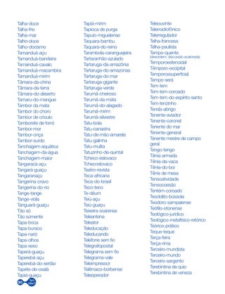 90
Talha-doce
Talha-frio
Talha-mar
Talho-doce
Talho-docismo
Tamanduá-açu
Tamanduá-bandeira
Tamanduá-cavalo
Tamanduá-macambira
Tamanduá-mirim
Tâmara-da-china
Tâmara-da-terra
Tâmara-do-deserto
Tamaru-do-mangue
Tambor da mata
Tambor do choro
Tambor de crioulo
Tamborete de forró
Tambor-mor
Tambor-onça
Tambor-surdo
Tanchagem-aquática
Tanchagem-da-água
Tanchagem-maior
Tangaracá-açu
Tangará-guaçu
Tangaranaçu
Tangerina-cravo
Tangerina-do-rio
Tange-tange
Tange-viola
Tanguará-guaçu
Tão só
Tão somente
Tapa-boca
Tapa-buraco
Tapa-nariz
Tapa-olhos
Tapa-sexo
Taperá-guaçu
Taperebá-açu
Taperebá-do-sertão
Tapete-de-oxalá
Tapiá-guaçu
Tapiá-mirim
Tapioca de purga
Tapuio-miguelense
Taquara-bambu
Taquara-do-reino
Tarambola-caranguejeira
Tartaranhão-azulado
Tartaruga-da-amazônia
Tartaruga-do-amazonas
Tartaruga-do-mar
Tartaruga-gigante
Tartaruga-verde
Tarumã-cheiroso
Tarumã-da-mata
Tarumã-do-alagado
Tarumã-mirim
Tarumã-silvestre
Tatu-bola
Tatu-canastra
Tatu-de-mão-amarela
Tatu-galinha
Tatu-mulita
Tatuzinho-de-quintal
Tcheco-eslovaco
Tchecoslovaco
Teatro-revista
Teca-africana
Teca-do-brasil
Teco-teco
Te-déum
Teiú-açu
Teiú-guaçu
Teixeira-soarense
Teleantena
Teleator
Teleducação
Teleducando
Telefone sem fio
Telegrafopostal
Telegrama sem fio
Telegrama-vale
Teleimpressor
Telêmaco-borbense
Teleoperador
Teleouvinte
Telerradiofônico
Telerregulador
Telha-francesa
Telha-paulista
Tempo-quente
(desordem; discussão acalorada)
Temporoesfenoidal
Têmporo-occipital
Temporossuperficial
Tempo-será
Tem-tem
Tem-tem-coroado
Tem-tem-do-espírito-santo
Tem-tenzinho
Tenda-abrigo
Tenente-aviador
Tenente-coronel
Tenente do mar
Tenente-general
Tenente mestre de campo
geral
Tengo-tengo
Tênia-armada
Tênia-da-vaca
Tênia-do-boi
Tênis de mesa
Tensoatividade
Tensocoesão
Tentém-coroado
Teodolito-bússola
Teodoro-sampaiense
Teófilo-otonense
Teológico-jurídico
Teológico-metafísico-retórico
Teórico-prático
Teque-teque
Terça-feira
Terça-rima
Terceiro-mundista
Terceiro-mundo
Terceiro-sargento
Terebintina de quio
Terebintina de veneza
 