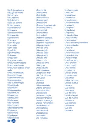 94
Uapê-da-cachoeira
Uapuçá-de-coleira
Uapuim-açu
Uapuinguaçu
Ubá-de-facho
Ubaia-do-campo
Ubaia-muxama
Ubarana-branca
Ubaranaçu
Ubarana-do-norte
Ubaranamirim
Ubarana-rato
Ubim-açu
Ubim-do-igapó
Ubim-mirim
Ubim-uaçu
Ugro-finês
Ugro-finlandês
Uirá-angu
Uiraçu-falso
Uiraçu-verdadeiro
Uirapuru-catimbozeiro
Uirapuru-de-bando
Uirapuru-de-cabeça-encar-
nada
Uirapuru-verdadeiro
Ulcerocanceroso
Ulceromembranoso
Ulcerovegetativo
Ultra-autoafirmação
Ultracivilizado
Ultradiáfano
Ultraeconômico
Ultraestrutura
Ultraeuropeu
Ultrafabuloso
Ultrafamoso
Ultra-honesto
Ultra-humano
Ultraindependente
Ultrainfernal
Ultranacional
Ultraobscuro
Ultraoceânico
Ultraoriental
Ultrarracional
Ultrarrápido
Ultrarromântico
Ultrassensível
Ultrassonoro
Ultrassupercomprimido
Úmero-olecraniano
Umerorradial
Umeroumbral
Umerumbral
Unguento-basilicão
Unguento-mole
Unguento-napolitano
Unha-de-cavalo
Unha de fome
Unha-de-gato
Unha de santo
Unha-de-vaca
Unha do olho
Unha no olho
Unhas de fome
Uniangular
União-paulista
União-vitoriense
Unicorne-do-mar
Unicórnio-do-mar
Uninuclear
Uniovular
Unirracial
Unissexualidade
Urbano-santense
Urbano-santista
Ureterodiálise
Ureteroemorragia
Ureteroemorrágico
Uretero-hemorragia
Uretero-hemorrágico
Ureterointestinal
Ureteroplastia
Uretroescrotal
Uretroplástica
Uretrorretal
Uro-hematina
Uro-hemorragia
Urorrubina
Urossalpinge
Urso-branco
Urso-cinzento
Urso-do-himalaia
Urso-pardo
Urso-polar
Urtiga-brava
Urtiga-cipó
Urtiga-da-china
Urubu-caçador
Urubu-comum
Urubu-de-cabeça-vermelha
Urubu-malandro
Urubu-rei
Urucu-bravo
Urucu-corcovado
Urucu-da-mata
Urupê-piranga
Urupê-vermelho
Urutu-cruzeiro
Urutu-dourado
Urutu-estrela
Urze-branca
Urze-de-cheiro
Urze-do-mato
Uto-asteca
Utrícolo-acinoso
Utrículo-auditivo
Uva-açu
Uva-branca
Uva-crespa
Uva-da-serra
Uva-do-campo
Uva-do-inverno
Uva-espim
Uva-japonesa
Uva-passa
Uva-rara
Uva-seca
 