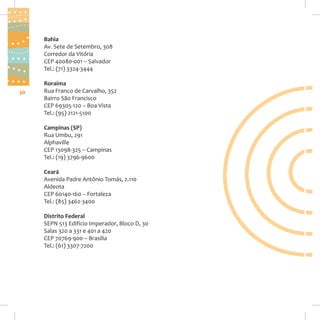Bahia
Av. Sete de Setembro, 308
Corredor da Vitória
CEP 40080-001 – Salvador
Tel.: (71) 3324-3444

30

Roraima
Rua Franco de Carvalho, 352
Bairro São Francisco
CEP 69305-120 – Boa Vista
Tel.: (95) 2121-5100
Campinas (SP)
Rua Umbu, 291
Alphaville
CEP 13098-325 – Campinas
Tel.: (19) 3796-9600
Ceará
Avenida Padre Antônio Tomás, 2.110
Aldeota
CEP 60140-160 – Fortaleza
Tel.: (85) 3462-3400
Distrito Federal
SEPN 513 Edifício Imperador, Bloco D, 30
Salas 320 a 331 e 401 a 420
CEP 70769-900 – Brasília
Tel.: (61) 3307-7200

 