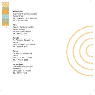 Minas Gerais
Rua Bernardo Guimarães, 1.615
Funcionários
CEP 30140-081 – Belo Horizonte
Tel.: (31) 3304-6200

32

Pará
Rua dos Mundurucus, 1.794
Batista Campos
CEP 66035-360 – Belém
Tel.: (91) 3217-7500
Paraíba
Av. Almirante Barroso, 234
Centro
CEP 58013-120 – João Pessoa
Tel.: (83) 3612-3100
Paraná
Av. Vicente Machado, 84
Centro
CEP 80420-010 – Curitiba
Tel.: (41) 3304-9000
Pernambuco
Rua Quarenta e Oito, 600
Espinheiro
CEP 52050-380 – Recife
Tel.: (81) 2101-3200

 