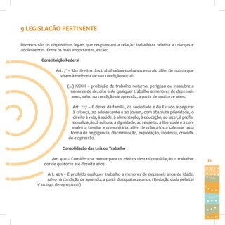 9 LEGISLAÇÃO PERTINENTE
Diversos são os dispositivos legais que resguardam a relação trabalhista relativa a crianças e
adolescentes. Entre os mais importantes, estão:
Constituição Federal
Art. 7º – São direitos dos trabalhadores urbanos e rurais, além de outros que
visem à melhoria de sua condição social:
(...) XXXIII – proibição de trabalho noturno, perigoso ou insalubre a
menores de dezoito e de qualquer trabalho a menores de dezesseis
anos, salvo na condição de aprendiz, a partir de quatorze anos;
Art. 227 – É dever da família, da sociedade e do Estado assegurar
à criança, ao adolescente e ao jovem, com absoluta prioridade, o
direito à vida, à saúde, à alimentação, à educação, ao lazer, à profissionalização, à cultura, à dignidade, ao respeito, à liberdade e à convivência familiar e comunitária, além de colocá-los a salvo de toda
forma de negligência, discriminação, exploração, violência, crueldade e opressão.
Consolidação das Leis do Trabalho
Art. 402 – Considera-se menor para os efeitos desta Consolidação o trabalhador de quatorze até dezoito anos.
Art. 403 – É proibido qualquer trabalho a menores de dezesseis anos de idade,
salvo na condição de aprendiz, a partir dos quatorze anos. (Redação dada pela Lei
nº 10.097, de 19/12/2000)

35

 