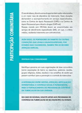 PARTICIPAÇÃO COMUNITÁRIA   O uso de tabaco, álcool e outras drogas também estão relacionados
                           a um maior risco de abandono do tratamento. Essas situações
                           demandam o acompanhamento em serviços especializados,
                           como os Centros de Apoio Psicossocial (CAPS) e os Centros de
                           Apoio Psicossocial para álcool e drogas (CAPS-ad).
                           Pessoas vivendo com HIV/Aids devem ser encaminhadas aos
                           serviços de atendimento especializado (SAE), em que, a critério
                           médico, receberão tratamento com antirretrovirais.


                           ALÉM DISSO, OS PORTADORES DE DIABETES OU OUTRAS
                           CONDIÇÕES QUE LEVAM À IMUNOSSUPRESSÃO, POR
                           ESTAREM MAIS VULNERÁVEIS, TAMBÉM TÊM DE RECEBER
                           ATENÇÃO ESPECIAL.




                           ENVOLVA SUA COMUNIDADE!



                           Identiﬁque parceiros em suas organizações de base comunitária
                           (como associações de bairro ou esportivas, pastorais, escolas,
                           grupos religiosos, clubes, escolas) e nos conselhos de saúde que
                           possam contribuir para a prevenção e o controle da tuberculose.


                           A INTEGRAÇÃO ENTRE GESTÃO, ATENÇÃO, ARTICULAÇÃO
                           INTERSETORIAL E CONTROLE SOCIAL É FUNDAMENTAL
                           PARA O FORTALECIMENTO DO PROGRAMA DE CONTROLE
                           DA TUBERCULOSE EM SUA UNIDADE.


                           EM CASO DE DÚVIDAS, SOLICITE APOIO AOS PROGRAMAS DE
                           CONTROLE DA TUBERCULOSE DE SEU MUNICÍPIO OU ESTADO.
 