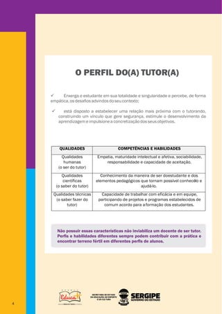 ü Enxerga o estudante em sua totalidade e singularidade e percebe, de forma
empática,osdesaﬁosadvindosdoseucontexto;
ü está disposto a estabelecer uma relação mais próxima com o tutorando,
construindo um vínculo que gere segurança, estimule o desenvolvimento da
aprendizagemeimpulsioneaconcretizaçãodosseusobjetivos.
QUALIDADES COMPETÊNCIAS E HABILIDADES
Qualidades
humanas
(o ser do tutor)
Empatia, maturidade intelectual e afetiva, sociabilidade,
responsabilidade e capacidade de aceitação.
Qualidades
científicas
(o saber do tutor)
Conhecimento da maneira de ser doestudante e dos
elementos pedagógicos que tornam possível conhecê
-lo e
ajudá-lo.
Qualidades técnicas
(o saber fazer do
tutor)
Capacidade de trabalhar com eficácia e em equipe,
participando de projetos e programas estabelecidos de
comum acordo para aformação dos estudantes.
Não possuir essas características não inviabiliza um docente de ser tutor.
Perﬁs e habilidades diferentes sempre podem contribuir com a prática e
encontrar terreno fértil em diferentes perﬁs de alunos.
O PERFIL DO(A) TUTOR(A)
 