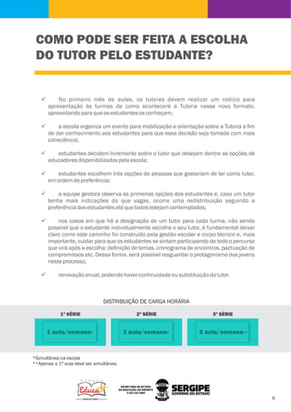 ü No primeiro mês de aulas, os tutores devem realizar um rodízio para
apresentação às turmas de como acontecerá a Tutoria nesse novo formato,
aproveitandoparaqueosestudantesosconheçam;
ü a escola organiza um evento para mobilização e orientação sobre a Tutoria a ﬁm
de dar conhecimento aos estudantes para que essa decisão seja tomada com mais
consciência;
ü estudantes decidem livremente sobre o tutor que desejam dentre as opções de
educadoresdisponibilizadospelaescola;
ü estudantes escolhem três opções de pessoas que gostariam de ter como tutor,
emordemdepreferência;
ü a equipe gestora observa as primeiras opções dos estudantes e, caso um tutor
tenha mais indicações do que vagas, ocorre uma redistribuição seguindo a
preferênciadosestudantesatéquetodosestejamcontemplados;
ü nos casos em que há a designação de um tutor para cada turma, não sendo
possível que o estudante individualmente escolha o seu tutor, é fundamental deixar
claro como este caminho foi construído pela gestão escolar e corpo técnico e, mais
importante, cuidar para que os estudantes se sintam participando de todo o percurso
que virá após a escolha: deﬁnição de temas, cronograma de encontros, pactuação de
compromissos etc. Dessa forma, será possível resguardar o protagonismo dos jovens
nesteprocesso;
ü renovaçãoanual,podendohavercontinuidadeousubstituiçãodotutor.
COMO PODE SER FEITA A ESCOLHA
DO TUTOR PELO ESTUDANTE?
1ª SÉRIE
1 aula/semana*
DISTRIBUIÇÃO DE CARGA HORÁRIA
2ª SÉRIE
1 aula/semana*
3ª SÉRIE
2 aula/semana**
*Simultânea na escola
**Apenas a 1ª aula deve ser simultânea.
 