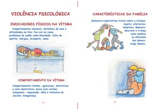 I
I
12
INDICADORES FÍSICOS NA VÍTIMA
Comportamentos imaturos; distúrbios do sono e
dificuldades na fala; faz xixi na cama;
problemas de saúde como obesidade, falta de
apetite, alergias, bronquite, asma.
13
COMPORTAMENTO DA VÍTIMA
CARACTERÍSTICAS DA FAMÍLIA
Comportamentos tímidos, agressivos, destrutivos
e auto-destrutivos; baixa auto-estima;
isolamento ; depressão; idéia e tentativa de
suicídio; insegurança.
Demostra expectativas irreais sobre a Criança;
rejeita; aterroriza;
despreza; deprecia;
descreve a criança
como maldosa
ou diferente
das demais;
exige demais.
VIOLÊNCIA PSICOLÓGICA
 