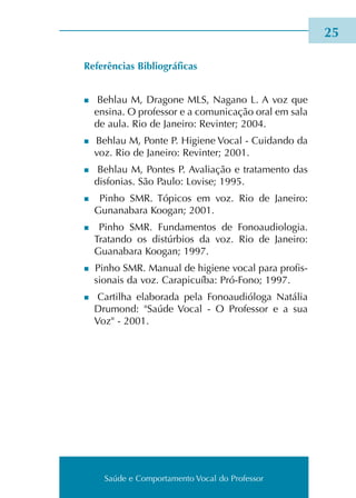 Saúde e Comportamento Vocal do Professor
Referências Bibliográficas
n Behlau M, Dragone MLS, Nagano L. A voz que
ensi­na. O pro­fes­sor e a comu­ni­ca­ção oral em sala
de aula. Rio de Janeiro: Revinter; 2004.
n Behlau M, Ponte P. Higiene Vocal - Cuidando da
voz. Rio de Janeiro: Revinter; 2001.
n Behlau M, Pontes P. Avaliação e tra­ta­men­to das
dis­fo­nias. São Paulo: Lovise; 1995.
n Pinho SMR. Tópicos em voz. Rio de Janeiro:
Gunanabara Koogan; 2001.
n Pinho SMR. Fundamentos de Fonoaudiologia.
Tratando os dis­túr­bios da voz. Rio de Janeiro:
Guanabara Koogan; 1997.
n Pinho SMR. Manual de higie­ne vocal para pro­fis­
sio­nais da voz. Carapicuíba: Pró-Fono; 1997.
n Cartilha ela­bo­ra­da pela Fonoaudióloga Natália
Drumond: Saúde Vocal - O Professor e a sua
Voz - 2001.
25
Saúde e Comportamento Vocal do Professor
 