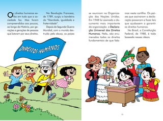 s direitos humanos es-             Na Revolução Francesa,      se reuniram na Organiza-          mos nesta cartilha. Os paí-
O     tão em tudo que a so-
ciedade faz. Mas foram
                                      de 1789, surgiu a bandeira
                                      da “liberdade, igualdade e
                                                                     ção das Nações Unidas.
                                                                     Em 1948 foi assinado o do-
                                                                                                       ses que assinaram a decla-
                                                                                                       ração passaram a fazer leis
compreendidos aos poucos,             fraternidade”.                 cumento mais importante           que ajudassem a garantir
ao longo da História, por ge-            Depois da Segunda Guerra    da organização: a Declara-        os direitos humanos.
rações e gerações de pessoas          Mundial, com o mundo des-      ção Universal dos Direitos           No Brasil, a Constituição
que lutaram por seus direitos.        truído pelo abuso, os países   Humanos. Nela, são enu-           Federal, de 1988, é toda
                                                                     merados todos os direitos         baseada nesses ideais.
                                                                     fundamentais de que fala-




                                 10                                                               11
 