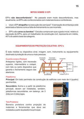 15

                           MITOS SOBRE O EPI

EPI’s são desconfortáveis? No passado eram muito desconfortáveis, mas
atualmente, os EPI's são confeccionados com materiais leves e confortáveis.

Øo EPI atrapalha na execução dos serviços? A sensação de embaraço está
   Usar
associada a fatores como a falta de treinamento ou uso incorreto.

Ø são caros ou baratos? Estudos comprovam que o gasto inicial, relativo à
   EPI’s
aquisição de EPI's, para um trabalhador da construção civil, representa em média,
45 % do salário base da categoria.



           EQUIPAMENTOS DE PROTEÇÃO COLETIVA - EPC’s

É toda medida ou dispositivo sinal, imagem, som, instrumento ou equipamento
destinado à proteção de uma ou mais pessoas.
                                     travessão        travessão
Guarda-corpo e Rodapé                                               montante
                                      superior      intermediário
Anteparos rígidos, com travessão
superior, intermediário e rodapé,                                              0,50 m
com tela ou outro dispositivo que                                                       1,20 m
                                                                               0,70 m
garanta o fechamento seguro das
aberturas.
                                                 1,50 m             rodapé 0,20 m

Plataforma
Principal: Em todo perímetro da construção de edifícios com mais de 4 (quatro)
pavimentos.
Secundária: Acima e a partir da plataforma
principal, devem ser instaladas, também,
plataformas secundárias, em balanço, de 3
(três) em 3 (três) lajes.


Tela Protetora
Barreira protetora contra projeção de
materiais e ferramentas que deve ser
instalada a partir da plataforma principal.
 