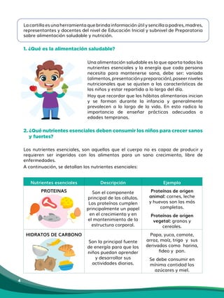4
La cartilla es una herramienta que brinda información útil y sencilla a padres, madres,
representantes y docentes del nivel de Educación Inicial y subnivel de Preparatoria
sobre alimentación saludable y nutrición.
1. ¿Qué es la alimentación saludable?
Una alimentación saludable es la que aporta todos los
nutrientes esenciales y la energía que cada persona
necesita para mantenerse sana, debe ser: variada
(alimentos,presentaciónypreparación),poseerniveles
nutricionales que se ajusten a las características de
los niños y estar repartida a lo largo del día.
Hay que recordar que los hábitos alimentarios inician
y se forman durante la infancia y generalmente
prevalecen a lo largo de la vida. En esto radica la
importancia de enseñar prácticas adecuadas a
edades tempranas.
2. ¿Qué nutrientes esenciales deben consumir los niños para crecer sanos
y fuertes?
Los nutrientes esenciales, son aquellos que el cuerpo no es capaz de producir y
requieren ser ingeridos con los alimentos para un sano crecimiento, libre de
enfermedades.
A continuación, se detallan los nutrientes esenciales:
Nutrientes esenciales Descripción Ejemplo
PROTEINAS Son el componente
principal de las células.
Las proteínas cumplen
principalmente un papel
en el crecimiento y en
el mantenimiento de la
estructura corporal.
Proteínas de origen
animal: carnes, leche
y huevos son las más
completas.
Proteínas de origen
vegetal: granos y
cereales.
HIDRATOS DE CARBONO
Son la principal fuente
de energía para que los
niños puedan aprender
y desarrollar sus
actividades diarias.
Papa, yuca, camote,
arroz, maíz, trigo y sus
derivados como harina,
fideo y pan.
Se debe consumir en
mínima cantidad los
azúcares y miel.
 