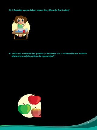 7
5. ¿ Cuántas veces deben comer los niños de 3 a 6 años?
Los niños deben ingerir de cuatro o cinco comidas al
día en porciones pequeñas y mantener el horario de tres
comidas principales y dos refrigerios nutritivos:
ü El desayuno.
ü Refrigerio a media mañana.
ü Almuerzo.
ü Refrigerio a media tarde.
ü Merienda.
Es importante que consuman alimentos saludables para que puedan tener un buen
rendimiento escolar y crecimiento en forma saludable, manteniendo un peso y talla
adecuado para su edad.
6. ¿Qué rol cumplen los padres y docentes en la formación de hábitos
alimenticios de los niños de preescolar?
Los padres y los docentes tienen un papel decisivo en la adquisición de hábitos para
una alimentación saludable. (Asociación española de pediatría, 2005)
La hora de la alimentación es un momento educativo, por ello se debe llevar a cabo
las pautas recomendadas para que los niños tengan una alimentación saludable;
siempre de la mano con una buena higiene alimentaria.
La Educación Inicial y el subnivel de Preparatoria, son los niveles idóneos para poder
llevar a cabo un programa de educación alimentaria, acogen a los niños en la etapa
más importante de su vida en la que están formando su personalidad y se puede
cambiar e incorporar nuevos hábitos de salud. El docente imparte conocimientos
adecuados para cada etapa, siendo pieza clave en la educación nutricional del niño.
La educación nutricional exige de
los padres y docentes paciencia,
dedicación y respeto para los
niños, dado que muchos de ellos no
tienen buen apetito, son curiosos y
les encanta probarlo todo, lo que
facilita la tarea educativa sobre la
alimentación y nutrición.
(Serafín, 2012)
 