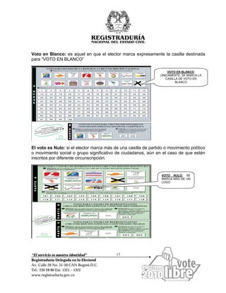 “El servicio es nuestra identidad”
Registraduría Delegada en lo Electoral
Av. Calle 26 No. 51-50 CAN Bogotá D.C.
Tel.: 220 28 80 Ext. 1321 – 1322
www.registraduria.gov.co
17
Voto en Blanco: es aquel en que el elector marca expresamente la casilla destinada
para “VOTO EN BLANCO”
El voto es Nulo: si el elector marca más de una casilla de partido o movimiento político
o movimiento social o grupo significativo de ciudadanos, aún en el caso de que estén
inscritos por diferente circunscripción.
VOTO EN BLANCO:
ÚNICAMENTE, SE MARCA LA
CASILLA DE VOTO EN
BLANCO
VOTO NULO: SE
MARCA MÁS DE UN
LOGO
 
