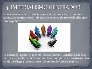 Esta es la característica de la intervención de una sociedad en otras
sociedades políticas con el objetivo de ponerse al servicio de ellas en el
terreno político.
La norma del Estado es generar Estados nuevos y la dialéctica de esta
norma es que ella, hable de los cambios al cumplirse su objetivos o bien
hable si se llega a la constitución de un Estado Universal único.
 