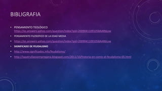 BIBLIGRAFIA
• PENSAMIENTO TEOLÒGICO
https://es.answers.yahoo.com/question/index?qid=20090411091058AARbLvw
• PENSAMIENTO FILOSOFICO DE LA EDAD MEDIA
• https://es.answers.yahoo.com/question/index?qid=20090411091058AARbLvw
• SIGNIFICADO DE FEUDALISMO
• http://www.significados.info/feudalismo/
• http://lapatrullaxsiempregana.blogspot.com/2011/10/historia-en-comic-el-feudalismo-05.html
 