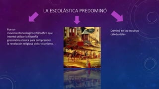 LA ESCOLÁSTICA PREDOMINÓ
Fue un
movimiento teológico y filosófico que
intentó utilizar la filosofía
grecolatina clásica para comprender
la revelación religiosa del cristianismo.
Dominó en las escuelas
catedralicias
 