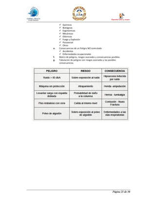 Página 21 de 30
ü Químicos
ü Biológicos
ü Ergonómicos
ü Mecánicos
ü Eléctricos
ü Fuego y Explosión
ü Psicosocial
ü Otros
e. Consecuencias de un Peligro NO controlado
ü Accidentes
ü Enfermedades ocupacionales
f. Matriz de peligros, riesgos asociados y consecuencias posibles.
g. Tabulación de peligros con riesgos asociados y las posibles
consecuencias.
 