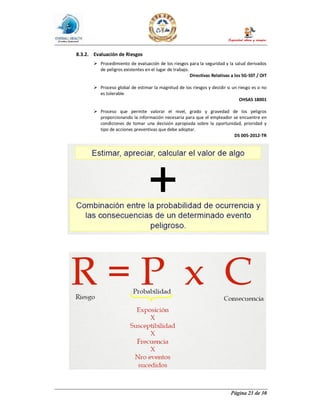 Página 23 de 30
8.3.2. Evaluación de Riesgos
Ø Procedimiento de evaluación de los riesgos para la seguridad y la salud derivados
de peligros existentes en el lugar de trabajo.
Directivas Relativas a los SG-SST / OIT
Ø Proceso global de estimar la magnitud de los riesgos y decidir si un riesgo es o no
es tolerable
OHSAS 18001
Ø Proceso que permite valorar el nivel, grado y gravedad de los peligros
proporcionando la información necesaria para que el empleador se encuentre en
condiciones de tomar una decisión apropiada sobre la oportunidad, prioridad y
tipo de acciones preventivas que debe adoptar.
DS 005-2012-TR
 