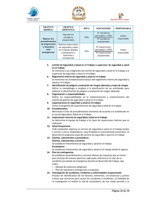 Página 26 de 30
5. Comité de Seguridad y Salud en el Trabajo o supervisor de seguridad y salud
en el trabajo
Se menciona a los integrantes del comité de seguridad y salud en el trabajo o al
supervisor de seguridad y salud en el trabajo.
6. Reglamento interno de seguridad y salud en el trabajo
Se menciona las consideraciones básicas del reglamento interno de seguridad y
salud en el trabajo.
7. Identificación de peligros y evaluación de riesgos laborales y mapa de riesgos
Definir la metodología a emplear y la planificación de las actividades para
elaborar la identificación de peligros y evaluación de riesgos laborales.
8. Organización y responsabilidades
Definir las responsabilidades en la implementación y mantenimiento del
sistema de gestión de seguridad y salud en el trabajo.
9. Capacitaciones en seguridad y salud en el trabajo
Incluir el programa de capacitaciones de seguridad y salud en el trabajo.
10. Procedimientos
Mencionar la lista de procedimientos existentes de acuerdo a lo establecido en
la Ley de Seguridad y Salud en el Trabajo.
11. Inspecciones internas de seguridad y salud en el trabajo
Se determina el equipo de trabajo y los tipos de inspecciones internas que se
realizarán.
12. Salud Ocupacional
Todo empleador organiza un servicio de seguridad y salud en el trabajo propio
o común a varios empleadores, cuya finalidad es esencialmente preventiva, se
desarrolla el programa anual del servicio de seguridad y salud en el trabajo.
13. Clientes, subcontratos y proveedores
Clientes, subcontratas y servicios
Se establecen lineamientos de seguridad y salud en el trabajo.
Proveedores
Se establecen lineamientos de seguridad y salud en el trabajo desde el ingreso.
14. Plan de contingencias
Se establecen procedimientos y acciones básicas de respuesta que se toman
para afrontar de manera oportuna, adecuada y efectiva en el caso de un
accidente y/o estado de emergencia durante el desarrollo del trabajo, que
cubra:
o Manejo de sustancias peligrosas.
o Plan de respuesta a emergencias y respuesta.
15. Investigación de accidentes, incidentes y enfermedades ocupacionales
Proceso de identificación de los factores, elementos, circunstancias y puntos
críticos que concurren para causar los accidentes e incidentes. La finalidad de
la investigación es revelar la red de causalidad y de ese modo permite a la
 