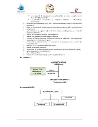 ü La investigación de cada accidente mortal y medidas correctivas adoptadas dentro
de los diez (10) de ocurrido.
ü Las estadísticas trimestrales de accidentes, incidentes y enfermedades
ocupacionales.
Ø Reunirse ordinariamente una vez al mes y extraordinariamente cuando las circunstancias
lo requieran.
Ø Llevar un libro de actas donde se anoten todos los acuerdos de cada reunión como su
cumplimiento.
Ø Aplicar las sanciones según el reglamento interno a los que infringen con las normas de
seguridad establecidas.
Ø Realizar reuniones motivacionales y de información.
Ø Realizar concursos de seguridad, trabajo y amistad.
Ø Promover el cumplimiento del Reglamento Interno de Seguridad y las disposiciones
legales vigentes en Seguridad e Higiene.
Ø Promover la participación activa y la educación de los trabajadores en prevención de
riesgos laborales.
Ø Investigar las causas de los accidentes de trabajo.
Ø Realizar inspecciones periódicas.
Ø Recomendar las medidas necesarias para el mejoramiento de las condiciones de trabajo.
Ø Aplicar las sanciones correspondientes.
Ø Llevar el libro de Actas
Ø Reportar los accidentes de trabajo a la Gerencia de la Empresa.
6.6. ACCIONES:
6.7. ORGANIZACIÓN:
 
