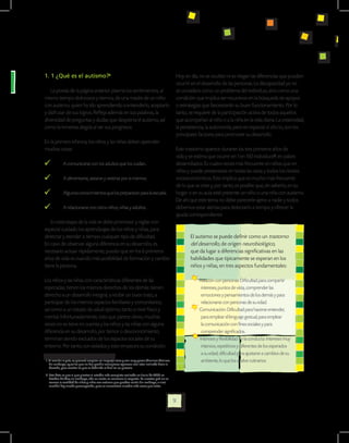 1. 1 ¿Qué es el autismo?1                                                                         Hoy en día, no se ocultan ni se niegan las diferencias que pueden
                                                                                                  ocurrir en el desarrollo de las personas. La discapacidad ya no
   La poesía de la página anterior plasma los sentimientos, al                                    se considera como un problema del individuo, sino como una
mismo tiempo dolorosos y tiernos, de una madre de un niño                                         condición que implica ser recursivos en la búsqueda de apoyos
con autismo, quien ha ido aprendiendo a entenderlo, aceptarlo                                     o estrategias que favorecerán su buen funcionamiento. Por lo
y disfrutar de sus logros. Refleja además en sus palabras, la                                     tanto, se requiere de la participación activa de todos aquellos
diversidad de preguntas y dudas que despierta el autismo, así                                     que acompañan al niño o a la niña en la vida diaria. La creatividad,
como la inmensa alegría al ver sus progresos.                                                     la persistencia, la autonomía, pero en especial el afecto, son los
                                                                                                  principales factores para promover su desarrollo
En la primera infancia, los niños y las niñas deben aprender
muchas cosas:                                                                                     Este trastorno aparece durante los tres primeros años de
                                                                                                  vida y se estima que ocurre en 1 en 150 individuos2, en países
   	         A comunicarse con los adultos que los cuidan.                                        desarrollados. Es cuatro veces más frecuente en niños que en
                                                                                                  niñas y puede presentarse en todas las razas y todos los niveles
   	         A alimentarse, asearse y vestirse por si mismos.                                     socioeconómicos. Esto implica que es mucho más frecuente
                                                                                                  de lo que se cree y, por tanto, es posible que, sin saberlo, en su
   	         Algunos conocimientos que los prepararan para la escuela.                            hogar o en su aula esté presente un niño o una niña con autismo.
                                                                                                  De ahí que este tema no debe parecerle ajeno a nadie y todos
   	         A relacionarse con otros niños, niñas y adultos.                                     debemos estar alertas para detectarlo a tiempo y ofrecer la
                                                                                                  ayuda correspondiente.
   En esta etapa de la vida se debe promover y vigilar con
especial cuidado los aprendizajes de los niños y niñas, para
detectar y atender a tiempo cualquier tipo de dificultad.                                                El autismo se puede definir como un trastorno
En caso de observar alguna diferencia en su desarrollo, es                                               del desarrollo, de origen neurobiológico,
necesario actuar rápidamente, puesto que en los 6 primeros                                               que da lugar a diferencias significativas en las
años de vida es cuando más posibilidad de formación y cambio                                             habilidades que típicamente se esperan en los
tiene la persona..	                                                                                      niños y niñas, en tres aspectos fundamentales:

Los niños y las niñas con características diferentes de las                                                   Relación con personas: Dificultad para compartir
esperadas, tienen los mismos derechos de los demás: tienen                                                     intereses, puntos de vista, comprender las
derecho a un desarrollo integral, a recibir un buen trato, a                                                   emociones y pensamientos de los demás y para
participar de los mismos espacios familiares y comunitarios,                                                   relacionarse con personas de su edad.
así como a un estado de salud óptimo, tanto a nivel físico y                                                  Comunicación: Dificultad para hacerse entender,
mental. Infortunadamente, esto que parece obvio, muchas                                                        para emplear el lenguaje gestual, para emplear
veces no se tiene en cuenta y los niños y las niñas con alguna                                                 la comunicación con fines sociales y para
diferencia en su desarrollo, por temor o desconocimiento,                                                      comprender significados.
terminan siendo excluidos de los espacios sociales de su                                                      Intereses y flexibilidad en la conducta: Intereses muy
entorno. Por tanto, son aislados y esto empeora su condición.                                                  intensos, repetitivos y diferentes de los esperados
                                                                                                               a su edad; dificultad para ajustarse a cambios de su
1. Al escribir la guía, se procuró emplear un lenguaje claro y con muy pocos términos técnicos.                ambiente, lo que los vuelve rutinarios.
   Sin embargo, aquellos que no fue posible reemplazar, aparecen con letra inclinada hacia la
   derecha, para resaltar las que se definirán al final en un glosario.

2. Este dato es que el que plantea el estudio más completo realizado en Junio de 2006 en
   Estados Unidos; sin embargo, aún no existe un consenso al respecto. En nuestro país no se
   conoce la cantidad de niños y niñas con autismo que pueden existir. Sin embargo, a nivel
   mundial hay mucha preocupación, pues se encuentran muchos más casos que antes.



                                                                                                  9
 