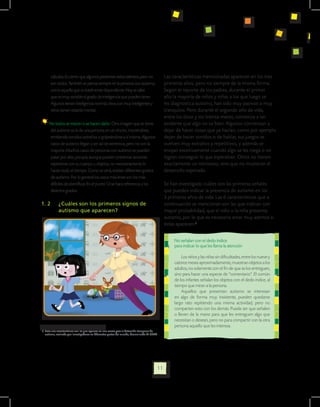 cálculos. Es cierto que algunos presentan estos talentos, pero no                          Las características mencionadas aparecen en los tres
      son todos. También se piensa siempre en la persona con autismo,                            primeros años, pero no siempre de la misma forma.
      como aquella que es totalmente dependiente. Hoy se sabe                                    Según el reporte de los padres, durante el primer
      que es muy variable el grado de inteligencia que pueden tener.                             año la mayoría de niños y niñas a los que luego se
      Algunos tienen inteligencia normal, otros son muy inteligentes y                           les diagnostica autismo, han sido muy pasivos o muy
      otros tienen retardo mental.                                                               tranquilos. Pero durante el segundo año de vida,
                                                                                                 entre los doce y los treinta meses, comienza a ser
     No todos se mecen o se hacen daño: Otra imagen que se tiene                                 evidente que algo no va bien. Algunos comienzan a
      del autismo es la de una persona en un rincón, meciéndose,                                 dejar de hacer cosas que ya hacían, como por ejemplo
      emitiendo sonidos extraños o golpeándose a sí misma. Algunos                               dejan de hacer sonidos o de hablar, sus juegos se
      casos de autismo llegan a ser así de extremos, pero no son la                              vuelven muy extraños y repetitivos, y además se
      mayoría. Muchos casos de personas con autismo se pueden                                    enojan excesivamente cuando algo se les niega o no
      pasar por alto, porque, aunque pueden presentar acciones                                   logran conseguir lo que esperaban. Otros no tienen
      repetitivas con su cuerpo u objetos, no necesariamente lo                                  exactamente un retroceso, sino que no muestran el
      hacen todo el tiempo. Como se verá, existen diferentes grados                              desarrollo esperado.
      de autismo. Por lo general los casos más leves son los más                                 	
      difíciles de identificar. En el punto 1.3 se hará referencia a los                         Se han investigado cuáles son las primeras señales
      distintos grados.                                                                          que pueden indicar la presencia de autismo en los
                                                                                                 3 primeros años de vida. Las 6 características que a
1. 2 	 ¿Cuáles son los primeros signos de 	                                                      continuación se mencionan son las que indican con
    	 autismo que aparecen?                                                                      mayor probabilidad, que el niño o la niña presenta
                                                                                                 autismo, por lo que es necesario estar muy atentos si
                                                                                                 éstas aparecen. 3


                                                                                                     No señalan con el dedo índice
                                                                                                     para indicar lo que les llama la atención

                                                                                                          Los niños y las niñas sin dificultades, entre los nueve y
                                                                                                     catorce meses aproximadamente, muestran objetos a los
                                                                                                     adultos, no solamente con el fin de que se los entreguen,
                                                                                                     sino para hacer una especie de “comentario”. El común
                                                                                                     de los infantes señalan los objetos con el dedo índice, al
                                                                                                     tiempo que miran a la persona.
                                                                                                          Aquellos que presentan autismo se interesan
                                                                                                     en algo de forma muy insistente, pueden quedarse
                                                                                                     largo rato repitiendo una misma actividad, pero no
                                                                                                     comparten esto con los demás. Puede ser que señalen
                                                                                                     o lleven de la mano para que les entreguen algo que
                                                                                                     necesitan o desean, pero no para compartir con la otra
                                                                                                     persona aquello que les interesa.
3. Estas seis características son las que aparece en una escala para la detección temprana de
   autismo, realizada por investigadores en diferentes partes del mundo, denominada M-CHAT.




                                                                                            11
 