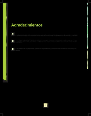 Agradecimientos

  A todos los niños y las niñas con autismo, con quienes hemos compartido la experiencia de aprender a enseñarles.


  A los padres de familia de la Fundación Integrar, que nos han permitido acompañarlos en el desarrollo de sus hijos
  con autismo.


  A las jardineras de los preescolares, quienes con responsabilidad y convicción están haciendo de la inclusión, una
  realidad.




                                                         6
 