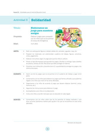 15
Ministerio de Educación
Anexo 01 – Actividades para el nivel de Educación Inicial
Título:	 Elaboramos un
juego para nuestros
amigos
Propósito:	 Elaborar juegos para compartir
con los niños que se encuentran
en zonas de emergencia
Edad:	 3 a 5 años
Solidaridad
ANTES:
DURANTE:
DESPUÉS:
Actividad 3
•	 Pedir con anticipación figuras o stickers dobles de: animales, juguetes, ropa, etc.
•	 Preparar los materiales con anterioridad: cuaderno de trabajo, figuras, cartulinas,
cintas, pegamento.
•	 Elaborar instructivos según el juego para que los niños lo utilicen.
•	 Prever un tipo de empaque para guardar los juegos y facilitar su entrega: taper, botellas
de plástico, bolsitas de tela. Recuerda que debe proteger el material.
•	 Coordinar con la dirección y docentes de la IE, la posibilidad de entregar los juegos a los
centros de acopio.
•	 Hacer uso de los juegos que se encuentran en el cuaderno de trabajo y jugar entre
pares.
•	 Conversamos con los niños para elaborar los juegos que hemos utilizado y que podemos
regalar a los niños que viven en las zonas afectadas.
•	 Organizamos a los niños de acuerdo al juego que deseen elaborar (dominó, cartas,
memoria, etc.)
•	 Seguimos las instrucciones para elaborar el juego.
•	 Acompañamos a los niños en la elaboración.
•	 Invita a los niños a escribir mensajes que se colocarán en cada regalo.
•	 Conversamos con los niños sobre que les ha parecido el trabajo realizado y que
otras acciones podríamos realizar para ayudar a los que se encuentran en esas zonas
afectadas.
 