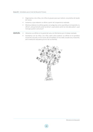 25
Ministerio de Educación
Anexo 02 – Actividades para el nivel de Educación Primaria
•	 Organizamos a las niñas y los niños en grupos para que realicen una práctica de lavado
de manos.
•	 Invitamos a que elaboren un afiche a partir de la experiencia realizada.
•	 Mientras elaboran los afiches guíalos con preguntas como ¿qué dibujo corresponde a tu
afiche?, ¿de qué tamaño serán las letras?, ¿qué colores serán los más adecuados?, ¿qué
mensaje quieren comunicar?
•	 Ubicamos sus afiches en la pared del aula y los felicitamos por el trabajo realizado.
•	 Acordamos con las niñas y los niños sobre cómo publicar sus afiches en el periódico
mural de la escuela, en los muros de la localidad y en las redes sociales de un docente,
de la institución educativa y/o en el de sus familias.
DESPUÉS:
 