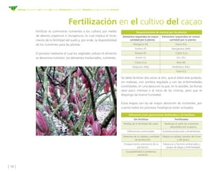[ 16 ]
Manejo fitosanitario del cultivo del cacao (Theobroma cacao L.) - Medidas para la temporada invernal
Fertilización en el cultivo del cacao
Fertilizar es suministrar nutrientes a los cultivos por medio
de abonos orgánicos o inorgánicos, lo cual implica el incre-
mento de la fertilidad del suelo y, por ende, la disponibilidad
de los nutrientes para las plantas.
El proceso mediante el cual los vegetales utilizan el alimento
se denomina nutrición; los elementos involucrados, nutrientes.
Se debe fertilizar dos veces al año, que el árbol este podado,
sin malezas, con sombra regulada y con las enfermedades
controladas; en una época en la que, en lo posible, las lluvias
sean poco intensas o al inicio de las mismas, pero que se
disponga de buena humedad.
Estas etapas son las de mayor absorción de nutrientes, por
cuanto todos los procesos fisiológicos están activados.
Requerimientos de mineral por las plantas
Elementos requeridos en mayor
cantidad por la planta:
Elementos requeridos en menor
cantidad por la planta:
Nitrógeno (N) Hierro (Fe)
Fósforo (P) Manganeso (MN)
Potasio (K) Cobre (Cu)
Azufre (S) Zinc (Zn)
Calcio (Ca) Boro (B)
Magnesio (Mg) Molibdeno (Mo)
Cloro (Cl)
Diferencia entre plantaciones fertilizadas y sin fertilizar
Sin fertilizar Fertilizadas
Pérdida de la fertilidad del suelo. Restituye al suelo los nutrientes
absorbidos por la planta.
Deficiencias nutricionales. Aumenta producción y rendimientos.
Deterioro de la calidad y cantidad
de producción.
Mejora la calidad, tamaño del fruto
y del grano.
Envejecimiento prematuro de la
plantación.
Tolerancia a factores ambientales y
ataque de plagas y enfermedades.
Susceptibilidad a problemas
sanitarios.
 