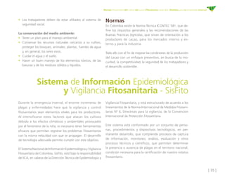 [ 35 ]
Manejo fitosanitario del cultivo del cacao (Theobroma cacao L.) - Medidas para la temporada invernal
•	 Los trabajadores deben de estar afiliados al sistema de
seguridad social.  
	
La conservación del medio ambiente:
•	 Tener un plan para el manejo ambiental.
•	 Conservar los recursos naturales cercanos a su cultivo,
proteger los bosques, animales, plantas, fuentes de agua
y, en general, los seres vivos.
•	 Cuidar el agua y el suelo.
•	 Hacer un buen manejo de los elementos tóxicos, de las
basuras y de los residuos sólidos y líquidos.  
	
Normas  
En Colombia existe la Norma Técnica ICONTEC 581, que de-
fine los requisitos generales y las recomendaciones de las
Buenas Prácticas Agrícolas, que sirvan de orientación a los
productores de cacao, para los mercados interno y ex-
terno y para la industria.
Todo ello con el fin de mejorar las condiciones de la producción
del cacao con un enfoque preventivo, en busca de la ino-
cuidad, la competitividad, la seguridad de los trabajadores y
el desarrollo sostenible.
Durante la emergencia invernal, el enorme incremento de
plagas y enfermedades hace que la vigilancia y control
fitosanitarios sean elementos vitales para los productores.
Al intensificarse estos factores que atacan los cultivos
debido a los efectos climáticos y ambientales provocados
por el fenómeno de la niña, es necesario tener herramientas
eficaces que permitan registrar los problemas fitosanitarios
con la misma velocidad con que se propagan. El desarrollo
de tecnología adecuada permite cumplir con este objetivo.
El Sistema Nacional de Información Epidemiológica y Vigilancia
Fitosanitaria de Colombia, SisFito, está bajo la responsabilidad
del ICA, en cabeza de la Dirección Técnica de Epidemiología y
Sistema de Información Epidemiológica
y Vigilancia Fitosanitaria - SisFito
Vigilancia Fitosanitaria, y está estructurado de acuerdo a los
lineamientos de la Norma Internacional de Medidas Fitosani-
tarias N° 6, Directrices para la vigilancia, de la Convención
Internacional de Protección Fitosanitaria.
Este sistema está conformado por un conjunto de perso-
nas, procedimientos y dispositivos tecnológicos, en per-
manente desarrollo, que comprende procesos de captura
de información, monitoreo, análisis, evaluación y otros
procesos técnicos y científicos, que permiten determinar
la presencia o ausencia de plagas en el territorio nacional,
condición necesaria para la certificación de nuestro estatus
fitosanitario.
 