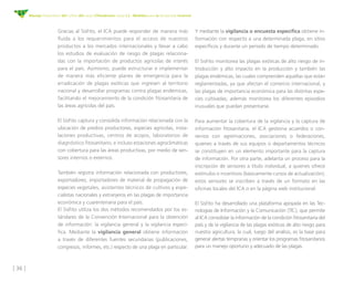 [ 36 ]
Manejo fitosanitario del cultivo del cacao (Theobroma cacao L.) - Medidas para la temporada invernal
Gracias al SisFito, el ICA puede responder de manera más
fluida a los requerimientos para el acceso de nuestros
productos a los mercados internacionales y llevar a cabo
los estudios de evaluación de riesgo de plagas relaciona-
das con la importación de productos agrícolas de interés
para el país. Asimismo, puede estructurar e implementar
de manera más eficiente planes de emergencia para la
erradicación de plagas exóticas que ingresen al territorio
nacional y desarrollar programas contra plagas endémicas,
facilitando el mejoramiento de la condición fitosanitaria de
las áreas agrícolas del país.
El SisFito captura y consolida información relacionada con la
ubicación de predios productores, especies agrícolas, insta-
laciones productivas, centros de acopio, laboratorios de
diagnóstico fitosanitario, e incluso estaciones agroclimáticas
con cobertura para las áreas productivas, por medio de sen-
sores internos o externos.
También registra información relacionada con productores,
exportadores, importadores de material de propagación de
especies vegetales, asistentes técnicos de cultivos y espe-
cialistas nacionales y extranjeros en las plagas de importancia
económica y cuarentenaria para el país.
El SisFito utiliza los dos métodos recomendados por los es-
tándares de la Convención Internacional para la obtención
de información: la vigilancia general y la vigilancia especí-
fica. Mediante la vigilancia general obtiene información
a través de diferentes fuentes secundarias (publicaciones,
congresos, informes, etc.) respecto de una plaga en particular.
Y mediante la vigilancia o encuesta específica obtiene in-
formación con respecto a una determinada plaga, en sitios
específicos y durante un periodo de tiempo determinado.
El SisFito monitorea las plagas exóticas de alto riesgo de in-
troducción y alto impacto en la producción y también las
plagas endémicas, las cuales comprenden aquellas que están
reglamentadas, ya que afectan el comercio internacional, y
las plagas de importancia económica para las distintas espe-
cies cultivadas; además monitorea los diferentes episodios
inusuales que puedan presentarse.
Para aumentar la cobertura de la vigilancia y la captura de
información fitosanitaria, el ICA gestiona acuerdos o con-
venios con agremiaciones, asociaciones o federaciones,
quienes a través de sus equipos o departamentos técnicos
se constituyen en un elemento importante para la captura
de información. Por otra parte, adelanta un proceso para la
inscripción de sensores a título individual, a quienes ofrece
estímulos o incentivos (básicamente cursos de actualización);
estos sensores se inscriben a través de un formato en las
oficinas locales del ICA o en la página web institucional.
El SisFito ha desarrollado una plataforma apoyada en las Tec-
nologías de Información y la Comunicación (TIC), que permite
al ICA consolidar la información de la condición fitosanitaria del
país y de la vigilancia de las plagas exóticas de alto riesgo para
nuestra agricultura, la cual, luego del análisis, es la base para
generar alertas tempranas y orientar los programas fitosanitarios
para un manejo oportuno y adecuado de las plagas.
 