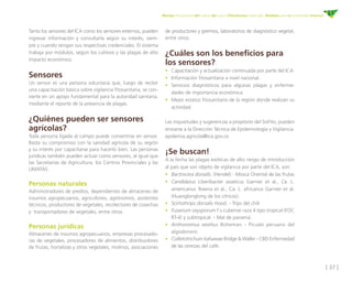[ 37 ]
Manejo fitosanitario del cultivo del cacao (Theobroma cacao L.) - Medidas para la temporada invernal
Tanto los sensores del ICA como los sensores externos, pueden
ingresar información y consultarla según su interés, siem-
pre y cuando tengan sus respectivas credenciales. El sistema
trabaja por módulos, según los cultivos y las plagas de alto
impacto económico.
Sensores
Un sensor es una persona voluntaria que, luego de recibir
una capacitación básica sobre vigilancia fitosanitaria, se con-
vierte en un apoyo fundamental para la autoridad sanitaria,
mediante el reporte de la presencia de plagas.
¿Quiénes pueden ser sensores
agrícolas?
Toda persona ligada al campo puede convertirse en sensor.
Basta su compromiso con la sanidad agrícola de su región
y su interés por capacitarse para hacerlo bien. Las personas
jurídicas también pueden actuar como sensores, al igual que
las Secretarías de Agricultura, los Centros Provinciales y las
UMATAS.
Personas naturales
Administradores de predios, dependientes de almacenes de
insumos agropecuarios, agricultores, agrónomos, asistentes
técnicos, productores de vegetales, recolectores de cosechas
y transportadores de vegetales, entre otros.
Personas jurídicas
Almacenes de insumos agropecuarios, empresas procesado-
ras de vegetales, procesadores de alimentos, distribuidores
de frutas, hortalizas y otros vegetales, molinos, asociaciones
de productores y gremios, laboratorios de diagnóstico vegetal,
entre otros.
¿Cuáles son los beneficios para
los sensores?
•	 Capacitación y actualización continuada por parte del ICA.
•	 Información fitosanitaria a nivel nacional.
•	 Servicios diagnósticos para algunas plagas y enferme-
dades de importancia económica.
•	 Mejor estatus fitosanitario de la región donde realizan su
actividad.
Las inquietudes y sugerencias a propósito del SisFito, pueden
enviarse a la Dirección Técnica de Epidemiología y Vigilancia:
epidemia.agricola@ica.gov.co
¡Se buscan!
A la fecha las plagas exóticas de alto riesgo de introducción
al país que son objeto de vigilancia por parte del ICA, son:
•	 Bactrocera dorsalis. (Hendel) - Mosca Oriental de las frutas
•	 Candidatus Liberibacter asiaticus Garnier et al., Ca. L.
americanus Texeira et al., Ca. L. africanus Garnier et al.
(Huanglongbing de los cítricos).
•	 Scirtothrips dorsalis Hood. - Trips del chili
•	 Fusarium oxysporum f.s.cubense raza 4 tipo tropical (FOC
RT-4) y subtropical. - Mal de panamá.
•	 Anthonomus vestitus Boheman - Picudo peruano del
algodonero
•	 Colletotrichum kahawae Bridge & Waller - CBD Enfermedad
de las cerezas del café.
 