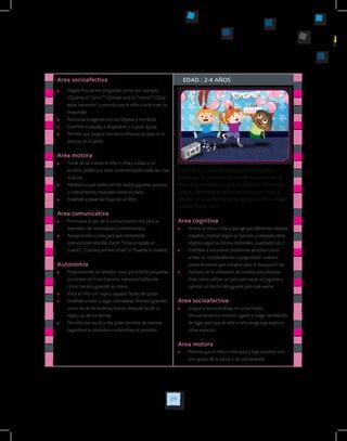 29
EDAD : 2-4 AÑOSArea socioafectiva
	 Hágale frecuentes preguntas como por ejemplo:
¿Quieres el “carro”? ¿Dónde está tu “mamá”? ¿Qué
estás haciendo? y permita que el niño o niña trate de
responder.
	 Asocie las imágenes con los objetos y nombres.
	 Enséñele a saludar, a despedirse y a pedir ayuda.
	 Permita que juegue con otros niños en la casa, en el
parque, en el jardín.
Area motora
	 Tome de las manos al niño o niña y súbalo a un
escalón, pídale que salte incrementando cada vez más
la altura.
	 Motívelo a que pulse con los dedos juguetes sonoros
o instrumentos musicales como el piano.
	 Enséñele a pasar las hojas de un libro.
Area comunicativa
	 Promueva el uso de la comunicación oral para la
expresión de necesidades y sentimientos.
	 Apoye al niño o niña para que comprenda
instrucciones sencillas como: “Lleva el zapato al
cuarto”, “Colorea primero el sol” o “Guarda tu maleta”.
Autonomia
	 Proporciónele un tenedor para que trinche pequeñas
porciones de fruta (banano, manzana) indíquele
cómo hacerlo guiando su mano.
	 Vista al niño con ropa y zapatos fáciles de quitar.
	 Enséñele a subir y bajar cremalleras. Primero grandes
como las de las maletas, bolsos; después las de su
ropa y las de los demás.
	 Permita que sea él o ella quien termine de vestirse
bajándose la camiseta o subiéndose el pantalón.
Entre los 2 y 4 años procure que el niño realice
juegos que le permitan desarrollar su pensamiento,
mejore la coordinación y el equilibrio en diferentes
juegos y favorezca el que se relacione con niños y
adultos de su ambiente social (parque, jardín u hogar
infantil, fiestas, etc.).
Area cognitiva
	 Anime al niño o niña a que agrupe diferentes objetos
(zapatos, medias) según su función, y después otros
objetos según su forma (redondos, cuadrados etc.).
	 Enséñele a solucionar problemas sencillos como
armar un rompecabezas o preguntarle: cuántos
panes tenemos que comprar para el desayuno? etc.
	 Apóyelo en la utilización de medios para alcanzar
fines como utilizar un palo para sacar un juguete u
oprimir un botón del juguete para que suene.
Area socioafectiva
	 Juegue a las escondidas, en un principio
frecuentando los mismos lugares y luego cambiando
de lugar para que el niño o niña tenga que explorar
otros espacios.
Area motora
	 Permita que el niño o niña suba y baje escalera solo
con apoyo de la pared o de una baranda.
 