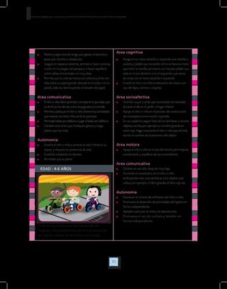 30
Orientaciones pedagógicas para la atención y la promoción de la inclusión de niñas y niños menores de seis años con Discapacidad.
EDAD : 4-6 AÑOS
	 Realice juegos donde tenga que gatear, arrastrarse y
pasar por túneles ú obstáculos.
	 Juegue en espacios abiertos, anímelo a hacer carreras,
a subir en los juegos del parque y a hacer equilibrio
sobre tablas horizontales no muy altas.
	 Permita que se unte las manos con pintura y pinte con
ellas sobre un papel grande ubicado en el suelo o en la
pared, cada vez disminuyendo el tamaño del papel.
Area comunicativa
	 El niño o niña debe aprender a compartir lo que sabe que
es de él con los demás, como los juguetes y la comida.
	 Permita y pida que el niño o niña observe las actividades
que realizan los otros niños así él no participe.
	 Permítalehablarporteléfonoojugarahablarporteléfono.
	 Cántele canciones que impliquen gestos y luego
pídale que los imite.
Autonomia
	 Enseñe al niño o niña a sonarse la nariz frente al un
espejo y después sin presencia de este.
	 Enséñele a bañarse los dientes.
	 Permítale que se peine.
Area cognitiva
	 Ponga en su mano derecha o izquierda una manilla o
pulsera, y pídale que recuerde cómo se llama la mano
que tiene la manilla, así mismo con los pies pídale que
salte en el pie derecho o en el izquierdo, que tome
las cosas con la mano derecha o izquierda.
	 Enseñe al niño o la niña la realización de trazos con
uso del lápiz, colores o crayolas.
Area socioafectiva
	 Anímelo a que cuente qué actividades ha realizado
durante el día en el jardín u hogar infantil.
	 Apoye al niño o niña en el proceso de construcción
de conceptos como mucho o grande.
	 En un cuaderno pegue fotos de los familiares o recorte
objetos, escriba por ejemplo su nombre grande en
color rojo. Haga consciente al niño o niña que ahí está
escrito el nombre de la persona o del objeto.
Area motora
	 Apoye al niño o niña en el uso del triciclo para mejorar
coordinación y equilibrio de sus movimientos.
Area comunicativa
	 Cántele en voz alta, después muy baja
	 Aumente el vocabulario en el niño o niña
atribuyendo más características a los objetos que
utiliza, por ejemplo: El libro grande, el libro rojo etc
Autonomia
	 Favorecer el control de esfínteres del niño o niña.
	 Promueva el desarrollo de actividades de higiene en
forma independiente.
	 Apóyelo para que se vista y se desvista solo.
	 Promueva el uso de cuchara y tenedor en
forma independiente.
Entre los 4 y 6 años procure el desarrollo del
lenguaje y del pensamiento, estimule la autonomía
en higiene, vestido, alimentación y en el juego
 