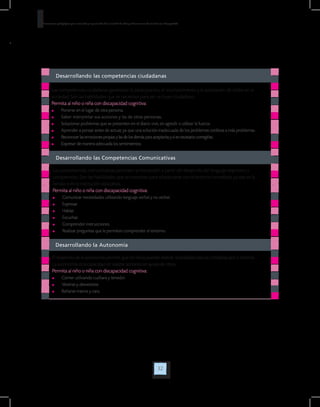 32
Orientaciones pedagógicas para la atención y la promoción de la inclusión de niñas y niños menores de seis años con Discapacidad.
Desarrollando las Competencias Comunicativas
Desarrollando la Autonomía
Las competencias comunicativas permiten la interacción a partir del desarrollo del lenguaje expresivo y
comprensivo. Son las habilidades que se necesitan para relacionarse con el entorno inmediato, ya sea en la
familia o en la institución educativa.
Permita al niño o niña con discapacidad cognitiva:
	 Comunicar necesidades utilizando lenguaje verbal y no verbal.
	 Expresar.
	 Hablar.
	 Escuchar.
	 Comprender instrucciones.
	 Realizar preguntas que le permitan comprender el entorno.
El desarrollo de la autonomía permite que los niños puedan realizar actividades básicas cotidianas por sí mismos.
La autonomía es la capacidad de realizar acciones sin ayuda de otros.
Permita al niño o niña con discapacidad cognitiva:
	 Comer utilizando cuchara y tenedor.
	 Vestirse y desvestirse.
	 Bañarse manos y cara.
Desarrollando las competencias ciudadanas
Las competencias ciudadanas garantizan la participación, el reconocimiento y la aceptación de todos en la
sociedad. Son las habilidades que se necesitan para ser un buen ciudadano.
Permita al niño o niña con discapacidad cognitiva:
	 Ponerse en el lugar de otra persona.
	 Saber interpretar sus acciones y las de otras personas.
	 Solucionar problemas que se presenten en el diario vivir, sin agredir o utilizar la fuerza.
	 Aprender a pensar antes de actuar, ya que una solución inadecuada de los problemas conlleva a más problemas.
	 Reconocer las emociones propias y las de los demás para aceptarlas y si es necesario corregirlas.
	 Expresar de manera adecuada los sentimientos.
 