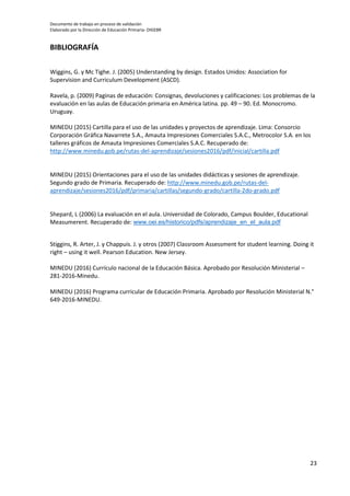 Documento de trabajo en proceso de validación
Elaborado por la Dirección de Educación Primaria- DIGEBR
23
BIBLIOGRAFÍA
Wiggins, G. y Mc Tighe. J. (2005) Understanding by design. Estados Unidos: Association for
Supervision and Curriculum Development (ASCD).
Ravela, p. (2009) Paginas de educación: Consignas, devoluciones y calificaciones: Los problemas de la
evaluación en las aulas de Educación primaria en América latina. pp. 49 – 90. Ed. Monocromo.
Uruguay.
MINEDU (2015) Cartilla para el uso de las unidades y proyectos de aprendizaje. Lima: Consorcio
Corporación Gráfica Navarrete S.A., Amauta Impresiones Comerciales S.A.C., Metrocolor S.A. en los
talleres gráficos de Amauta Impresiones Comerciales S.A.C. Recuperado de:
http://www.minedu.gob.pe/rutas-del-aprendizaje/sesiones2016/pdf/inicial/cartilla.pdf
MINEDU (2015) Orientaciones para el uso de las unidades didácticas y sesiones de aprendizaje.
Segundo grado de Primaria. Recuperado de: http://www.minedu.gob.pe/rutas-del-
aprendizaje/sesiones2016/pdf/primaria/cartillas/segundo-grado/cartilla-2do-grado.pdf
Shepard, L (2006) La evaluación en el aula. Universidad de Colorado, Campus Boulder, Educational
Measumerent. Recuperado de: www.oei.es/historico/pdfs/aprendizaje_en_el_aula.pdf
Stiggins, R. Arter, J. y Chappuis. J. y otros (2007) Classroom Assessment for student learning. Doing it
right – using it well. Pearson Education. New Jersey.
MINEDU (2016) Currículo nacional de la Educación Básica. Aprobado por Resolución Ministerial –
281-2016-Minedu.
MINEDU (2016) Programa curricular de Educación Primaria. Aprobado por Resolución Ministerial N.°
649-2016-MINEDU.
 