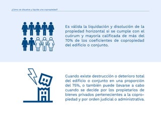 Cuando existe destrucción o deterioro total
del ediﬁcio o conjunto en una proporción
del 75%, o también puede llevarse a cabo
cuando se decide por los propietarios de
bienes privados pertenecientes a la copro-
piedad y por orden judicial o administrativa.
Es válida la liquidación y disolución de la
propiedad horizontal si se cumple con el
cuórum y mayoría caliﬁcada de más del
70% de los coeﬁcientes de copropiedad
del ediﬁcio o conjunto.
¿Cómo se disuelve y liquida una copropiedad?
 
