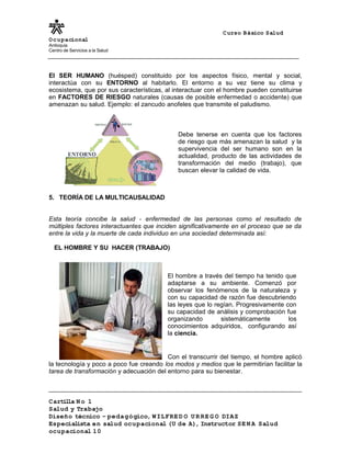 Curso Básico Salud
Ocupacional
Antioquia
Centro de Servicios a la Salud
El SER HUMANO (huésped) constituido por los aspectos físico, mental y social,
interactúa con su ENTORNO al habitarlo. El entorno a su vez tiene su clima y
ecosistema, que por sus características, al interactuar con el hombre pueden constituirse
en FACTORES DE RIESGO naturales (causas de posible enfermedad o accidente) que
amenazan su salud. Ejemplo: el zancudo anofeles que transmite el paludismo.
5. TEORÍA DE LA MULTICAUSALIDAD
Esta teoría concibe la salud - enfermedad de las personas como el resultado de
múltiples factores interactuantes que inciden significativamente en el proceso que se da
entre la vida y la muerte de cada individuo en una sociedad determinada así:
EL HOMBRE Y SU HACER (TRABAJO)
Con el transcurrir del tiempo, el hombre aplicó
la tecnología y poco a poco fue creando los modos y medios que le permitirían facilitar la
tarea de transformación y adecuación del entorno para su bienestar.
Cartilla N o 1
Salud y Trabajo
Diseño técnico – pedagógico, WILFRE D O U R RE G O DIAZ
Especialista en salud ocupacional (U de A), Instructor SE N A Salud
ocupacional 10
Debe tenerse en cuenta que los factores
de riesgo que más amenazan la salud y la
supervivencia del ser humano son en la
actualidad, producto de las actividades de
transformación del medio (trabajo), que
buscan elevar la calidad de vida.
El hombre a través del tiempo ha tenido que
adaptarse a su ambiente. Comenzó por
observar los fenómenos de la naturaleza y
con su capacidad de razón fue descubriendo
las leyes que lo regían. Progresivamente con
su capacidad de análisis y comprobación fue
organizando sistemáticamente los
conocimientos adquiridos, configurando así
la ciencia.
 